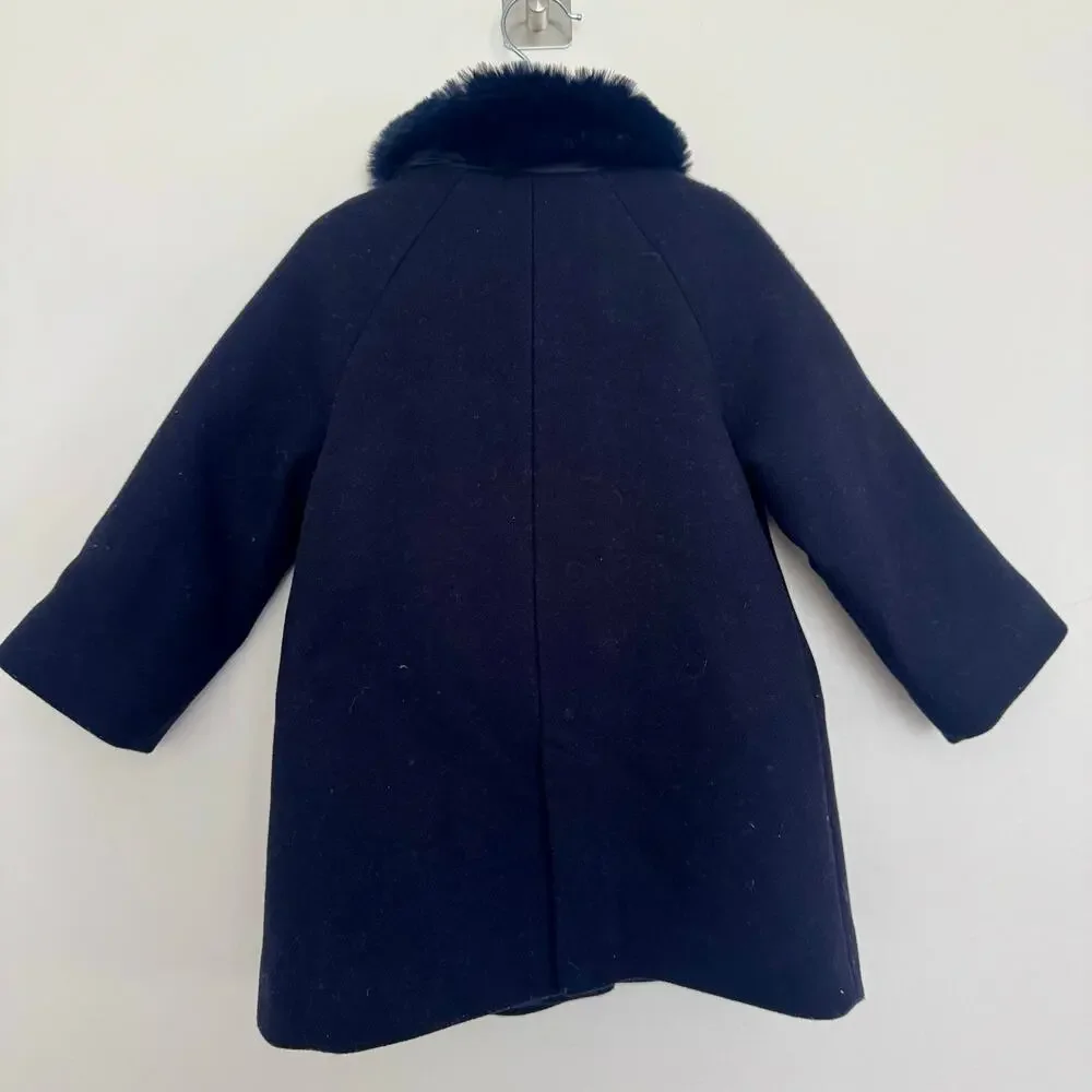 Jacadi Paris Girls Wool Blend Winter Coat with Faux Fur Collar in Blue